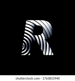 Capital letter R with metallic texture on black background, editable vector