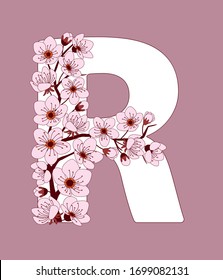 Capital letter R patterned with hand drawn doodle flowers of cherry blossom. Colorful vector illustration font with sakura twigs. Letter of alphabet English language. EPS 10
