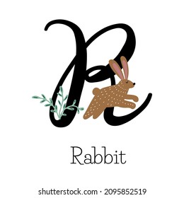Capital letter R for Rabbit with jumping little rabbit over letter, childish alphabet with the name of the animal, hand drawn vector illustration