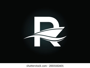 Capital letter R with the ship, cruise, or boat logo design template, Yacht icon sign symbol with ocean waves vector illustration