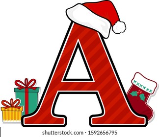 capital letter a with red santa's hat and christmas design elements isolated on white background. can be used for holiday season card, nursery decoration or christmas paty invitation