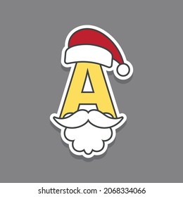 capital letter a with red santa's hat and christmas design elements isolated on grey background.