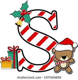 capital letter s with cute teddy bear and christmas design elements isolated on white background. can be used for holiday season card, nursery decoration or christmas party invitation