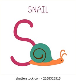 Capital letter S of English childish alphabet with snail. Cute kids font for kindergarten and school education. 