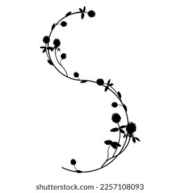 Capital letter S with floral motifs. Decorative font with blooming branches of red clover flower. Black silhouette on white background. Isolated vector illustration.