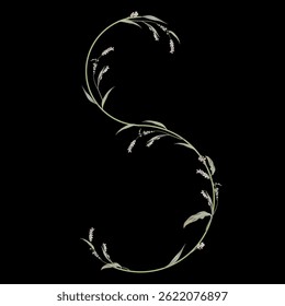 Capital letter S with floral motifs. Botanical alphabet with herbs and wildflowers. Blooming green branches of Polygonum plant. Knotweed or Smartweed flower. Isolated on black background.