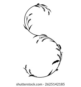 Capital letter S with floral  motifs. Botanical alphabet with herbs and wildflowers. Blooming branches of Polygonum plant. Knotweed or Smartweed flower. Black silhouette on white background.
