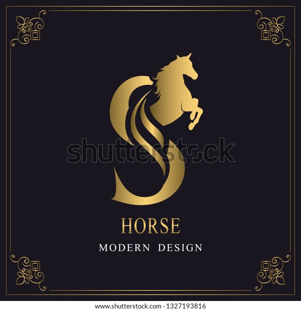Capital Letter S with a Horse. Royal Logo.\
King Stallion in Jump. Racehorse Head Profile. Gold Monogram on\
Black Background with Border. Stylish Graphic Template Design.\
Tattoo. Vector\
illustration