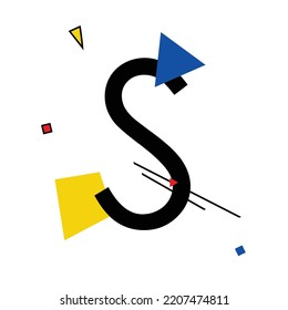 Letra mayúscula "S" compuesta de formas geométricas simples, en estilo suprematismo, inspirada en pinturas de Kazimir Malevich y Wassily Kandinsky