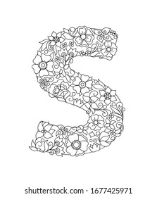 Capital letter S patterned with hand drawn doodle abstract flowers and leaves. Monochrome page anti stress adult coloring book. Vector illustration floral letters English language alphabet. EPS 10
