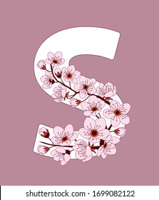 Capital letter S patterned with hand drawn doodle flowers of cherry blossom. Colorful vector illustration font with sakura twigs. Letter of alphabet English language. EPS 10
