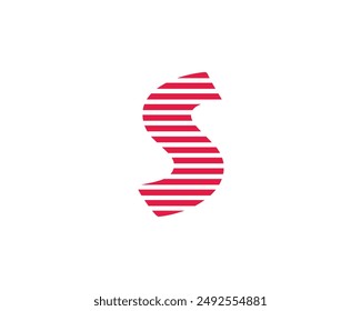 Capital letter S with red and white horizontal pattern isolated on a white background. Alphabet, art, design, graphic, education, element, illustration, kindergarten,  preschool, workbook and vector. 