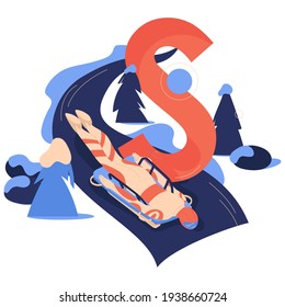 Capital letter S and scene with character riding skeleton sled. Vector concept illustration for winter activities and sport.