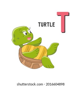 Letra mayúscula T con tierno personaje sonriente de tortuga aislado en fondo blanco. Alfabeto para niños pequeños. Ilustración vectorial en estilo de caricatura