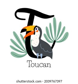 Capital letter T for cute toucan bird in the bushes, childish alphabet with animals names