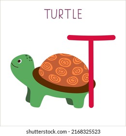 Capital letter T of English childish alphabet with turtle. Cute kids font for kindergarten and school education. 