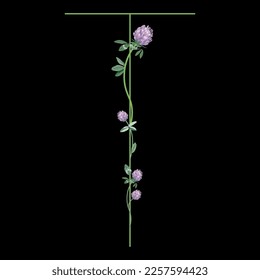 Capital letter T with floral motifs. Decorative font with blooming branches of red clover flower. On black background.