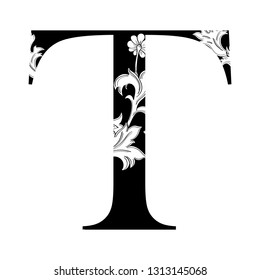 Capital Letter T. Capital letter with flourish design. Illuminated letter