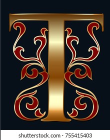 Capital Letter T. Large Letter. Illuminated Letter. Gold Letter With Floral Ornament. Easy To Use To Create Your Design.