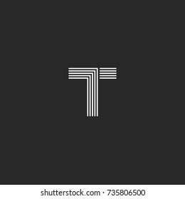 Capital letter T logo monogram, black and white parallel thin lines, minimal style simple shape initial emblem for business card