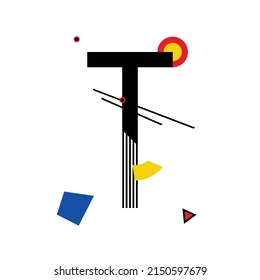 Letra mayúscula "T" compuesta de formas geométricas simples, en estilo suprematismo, inspirada en pinturas de Kazimir Malevich y Wassily Kandinsky