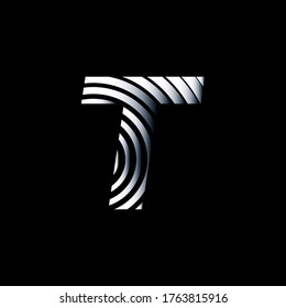 Capital letter T with metallic texture on black background, editable vector