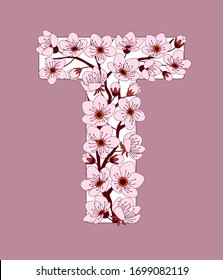 Capital letter T patterned with hand drawn doodle flowers of cherry blossom. Colorful vector illustration font with sakura twigs. Letter of alphabet English language. EPS 10
