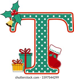 capital letter t with polka dots pattern and christmas design elements isolated on white background. can be used for holiday season card, nursery decoration or christmas celebration invitation