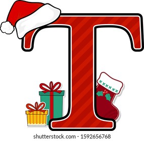 capital letter t with red santa's hat and christmas design elements isolated on white background. can be used for holiday season card, nursery decoration or christmas paty invitation