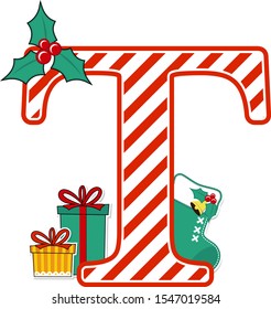 capital letter t with red and white candy cane pattern and christmas design elements isolated on white background. can be used for holiday season card, nursery decoration or christmas paty invitation