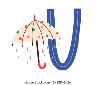 Capital letter U of childish English alphabet with umbrella in Scandi style. Kids font for preschool and school education of children. Hand-drawn flat vector illustration isolated on white background.