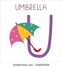 Capital letter U of English childish alphabet with umbrella. Cute kids font for kindergarten and school education. 