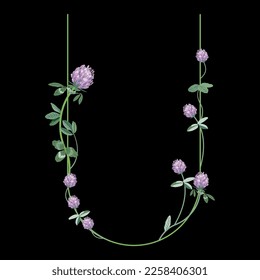 Capital letter U with floral motifs. Decorative font with blooming branches of red clover flower. On black background.