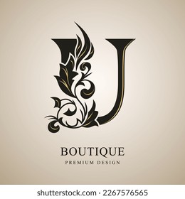 Capital Letter U. Graceful Monogram with Gold Elements. Elegant Style. Calligraphic Beautiful Logo. Vintage Emblem for Book Design, Brand Name, Business Card, Restaurant, Boutique. Vector Illustration