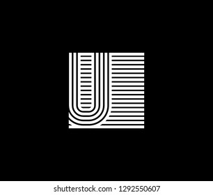 Capital letter U is inscribed in a square. Modern template for monograms, emblems, initials. Made white stripes on black overlapping with shadows.