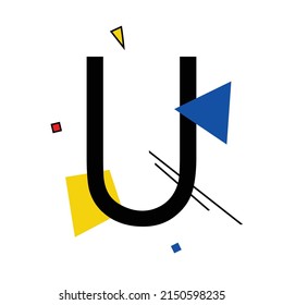 Letra mayúscula "U" compuesta de formas geométricas simples, en estilo suprematismo, inspirada en pinturas de Kazimir Malevich y Wassily Kandinsky