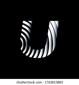 Capital letter U with metallic texture on black background, editable vector