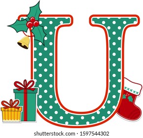capital letter u with polka dots pattern and christmas design elements isolated on white background. can be used for holiday season card, nursery decoration or christmas celebration invitation