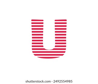 Capital letter U with red and white horizontal pattern isolated on a white background. Alphabet, art, design, graphic, education, element, illustration, kindergarten,  preschool, workbook and vector. 