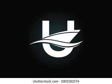 Capital letter U with the ship, cruise, or boat logo design template, Yacht icon sign symbol with ocean waves vector illustration