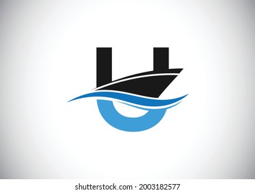 Capital letter U with the ship, cruise, or boat logo design template, Yacht icon sign symbol with ocean waves vector illustration