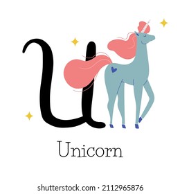 Capital letter U for Unicorn, with fabulous pink mane, childish alphabet