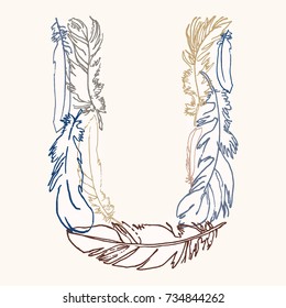 Capital letter U.  Vector hand-drawn monogram made of feathers. Feather alphabet. Perfect for posters, invitation, greeting card, webs graphics, blog, banner, logo