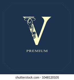 Capital letter V. Calligraphic beautiful logo with tape for labels. Graceful style. Vintage drawn emblem for book design, brand name, business card, Restaurant, Boutique, Hotel. Vector illustration