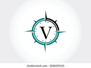 Letra mayúscula V con plantilla de diseño de logotipo de Creative Compass Concept. Símbolo del logotipo de la brújula. Diseño de logotipo vectorial moderno para identidad empresarial y de empresa.