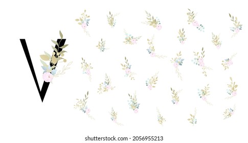 Capital letter V, decorated with a delicate bouquet. Set of flower arrangements for congratulations, wedding invitations, anniversary.