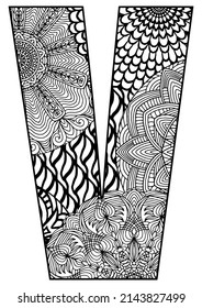 capital letter V decorated with mandalas and geometric figures on a white background for coloring, vector, coloring pages