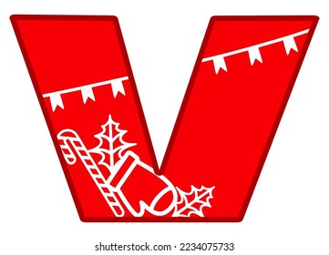 Capital letter V of the English alphabet. Christmas design, name monogram. Simple outline, letter silhouette for print, cut, sticker, signboard creation. New Year symbols. Vector illustration isolated