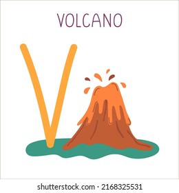 Capital letter V of English childish alphabet with volcano. Cute kids font for kindergarten and school education. 