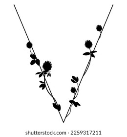 Capital letter V with floral motifs. Decorative font with blooming branches of red clover flower. Black silhouette on white background. Isolated vector illustration.